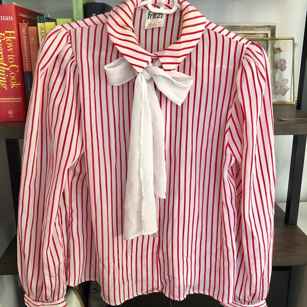 Red and white candy striped tie blouse